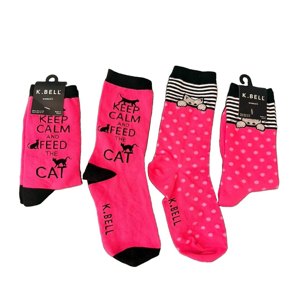 K Bell Womens Cat Crew Socks Lot 2 Pink Novelty Kitty Shoe Size 4-10 New